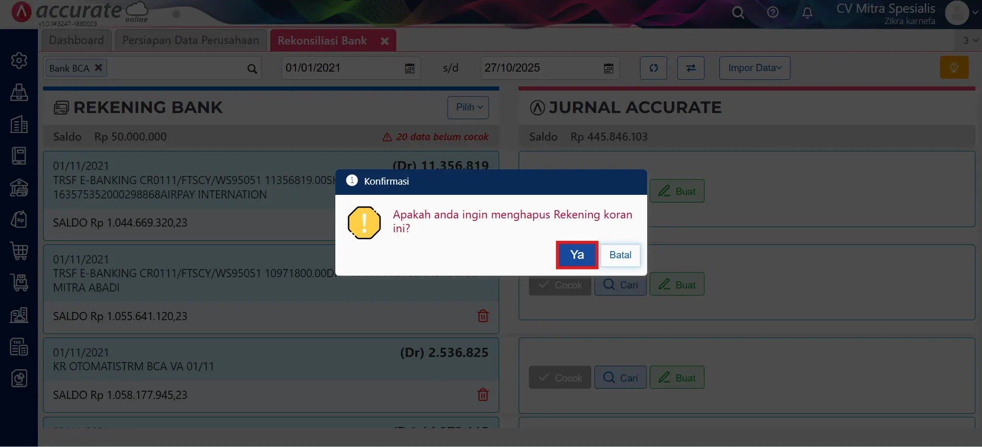 menghapus rekening koran